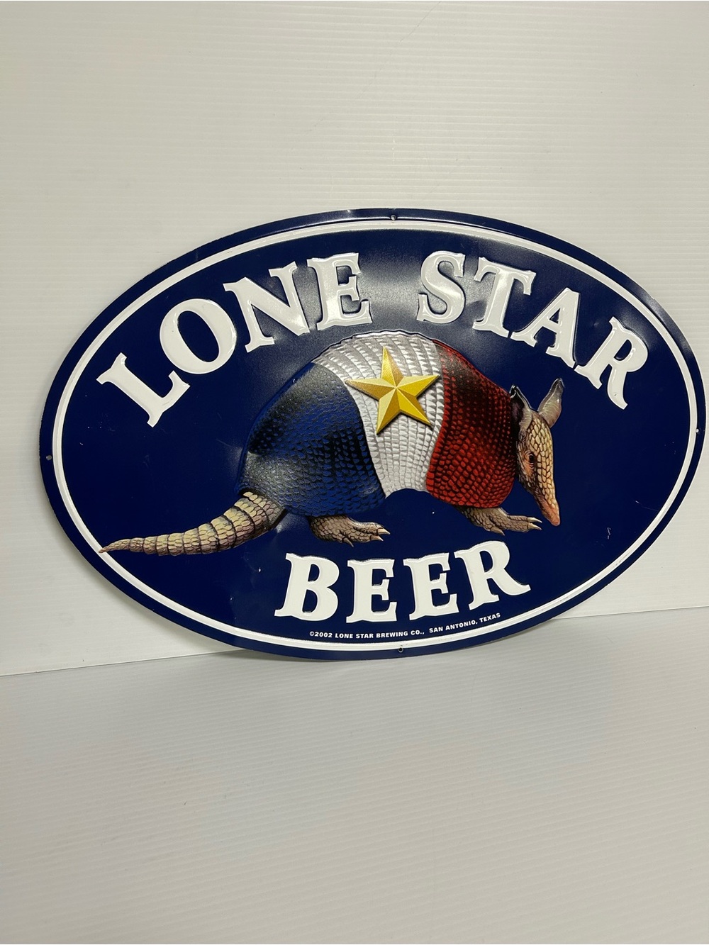 Vintage Lone Star Beer Oval Tin Metal Sign 2002 Armadillo 24”x16” Red White Blue